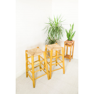 Mid Century Pair of Rattan Wooden Bar Stools