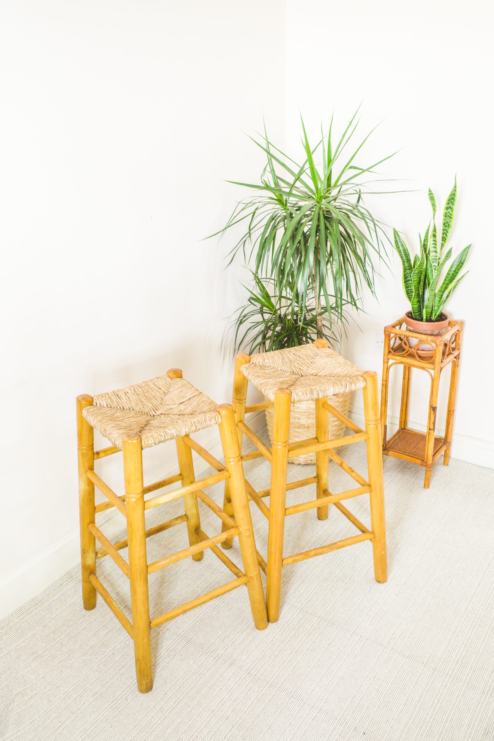 Mid Century Pair of Rattan Wooden Bar Stools