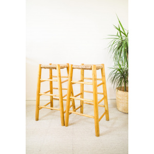 Mid Century Pair of Rattan Wooden Bar Stools
