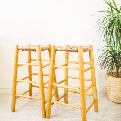 Mid Century Pair of Rattan Wooden Bar Stools