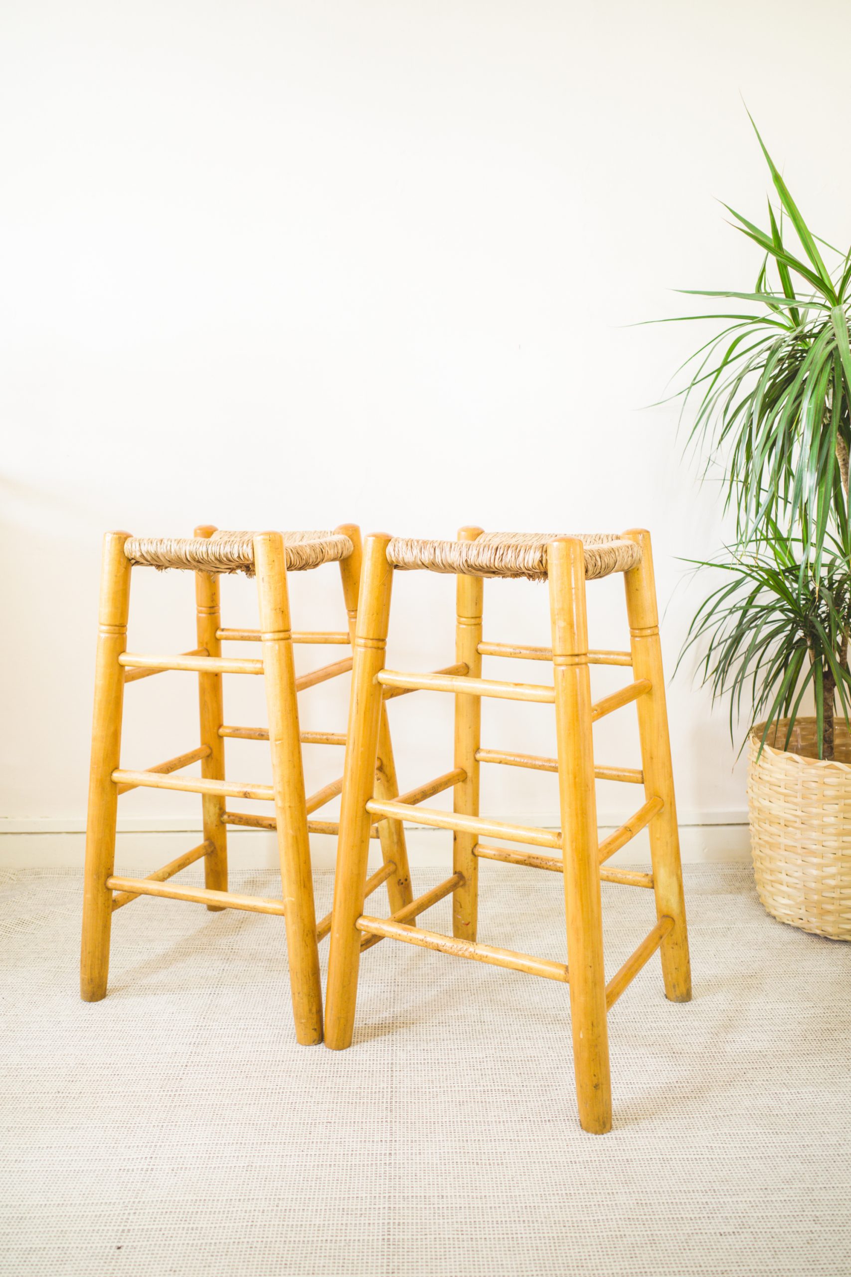 Mid Century Pair of Rattan Wooden Bar Stools