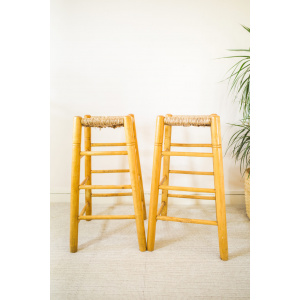 Mid Century Pair of Rattan Wooden Bar Stools
