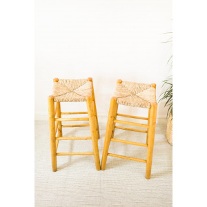 Mid Century Pair of Rattan Wooden Bar Stools