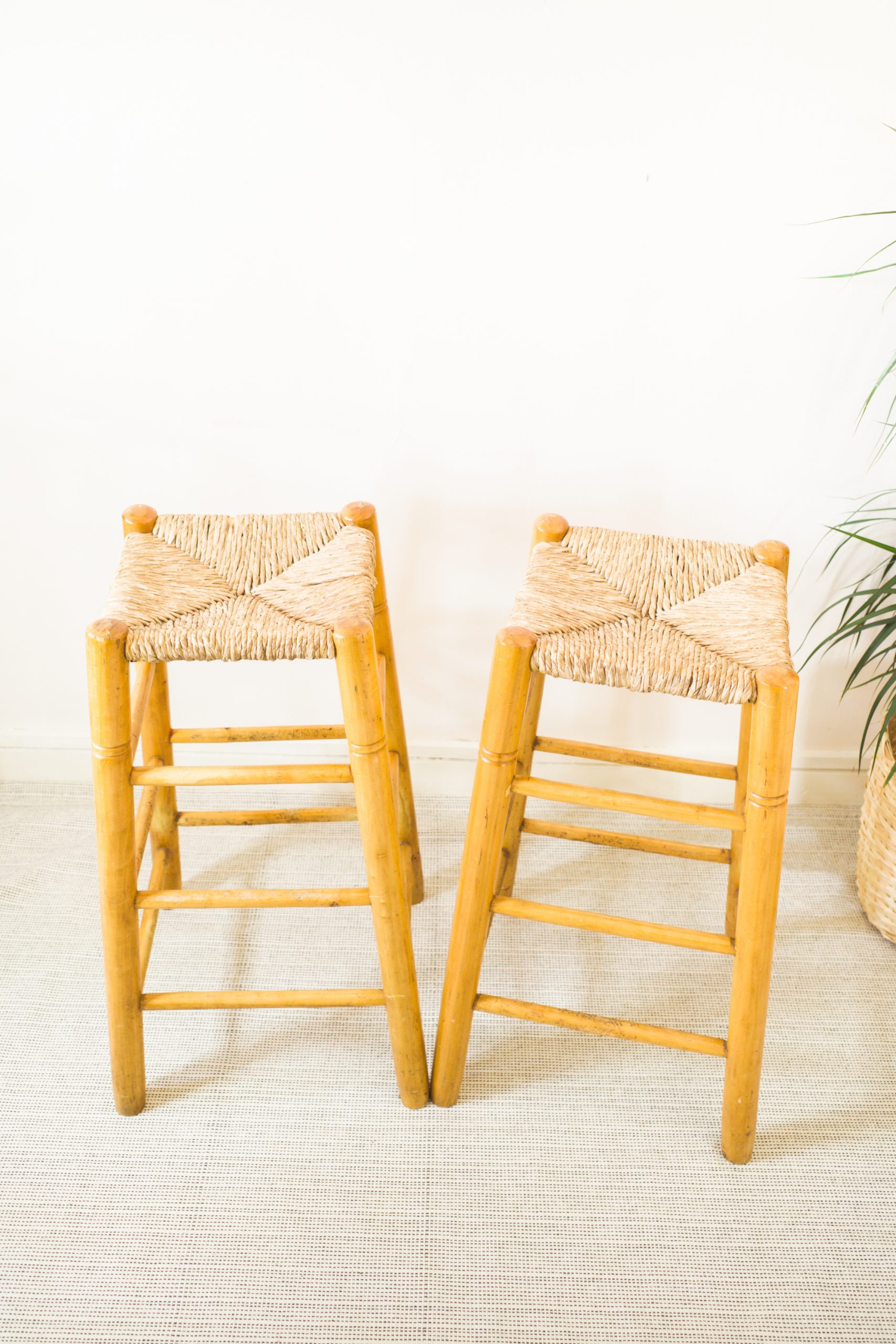 Mid Century Pair of Rattan Wooden Bar Stools