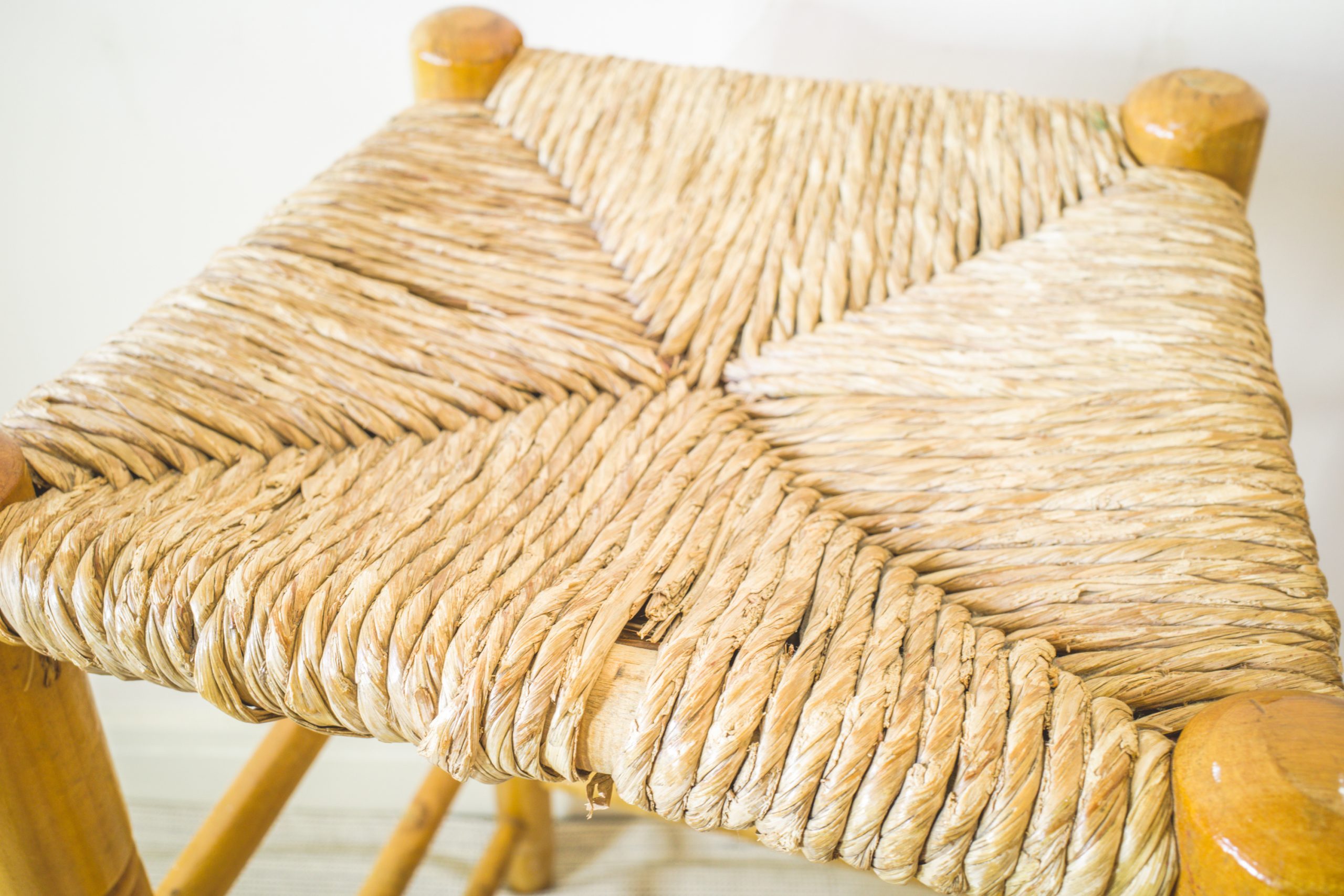 Mid Century Pair of Rattan Wooden Bar Stools