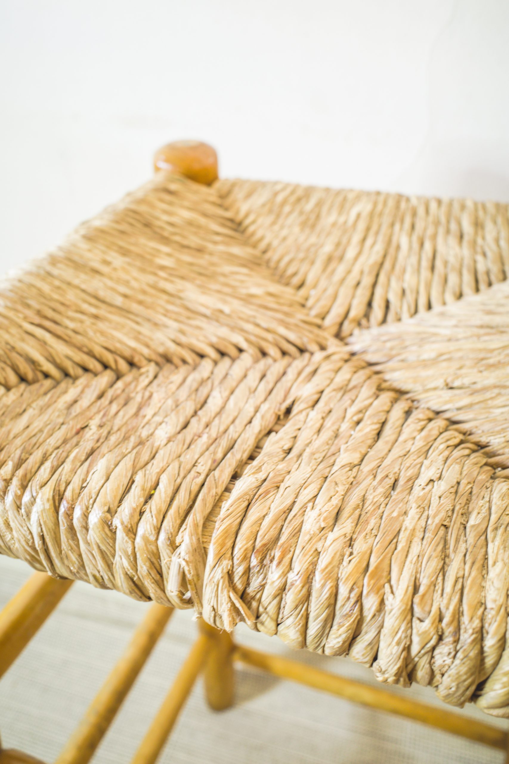 Mid Century Pair of Rattan Wooden Bar Stools