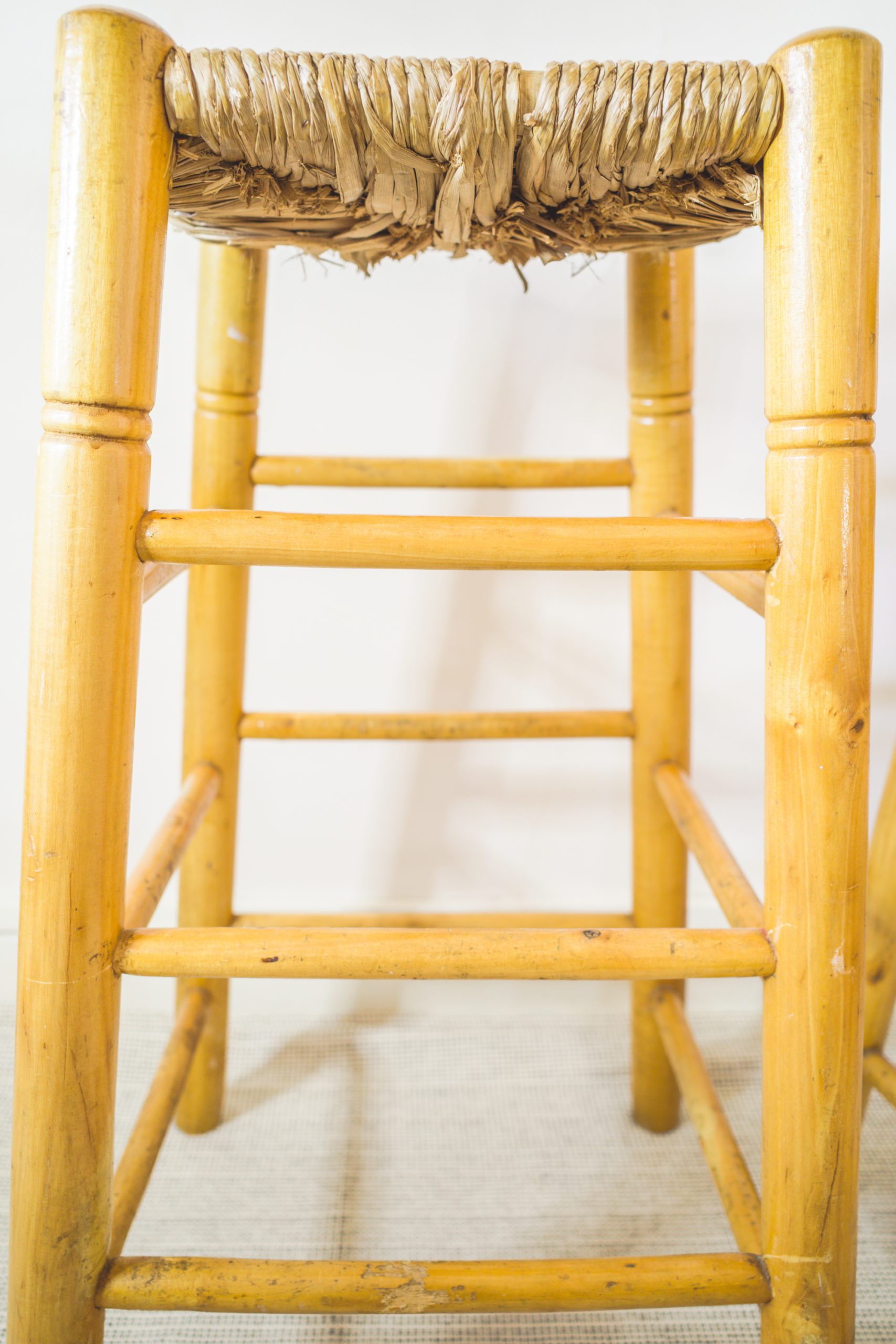 Mid Century Pair of Rattan Wooden Bar Stools