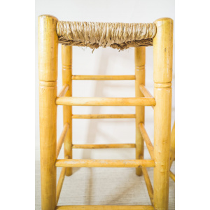 Mid Century Pair of Rattan Wooden Bar Stools