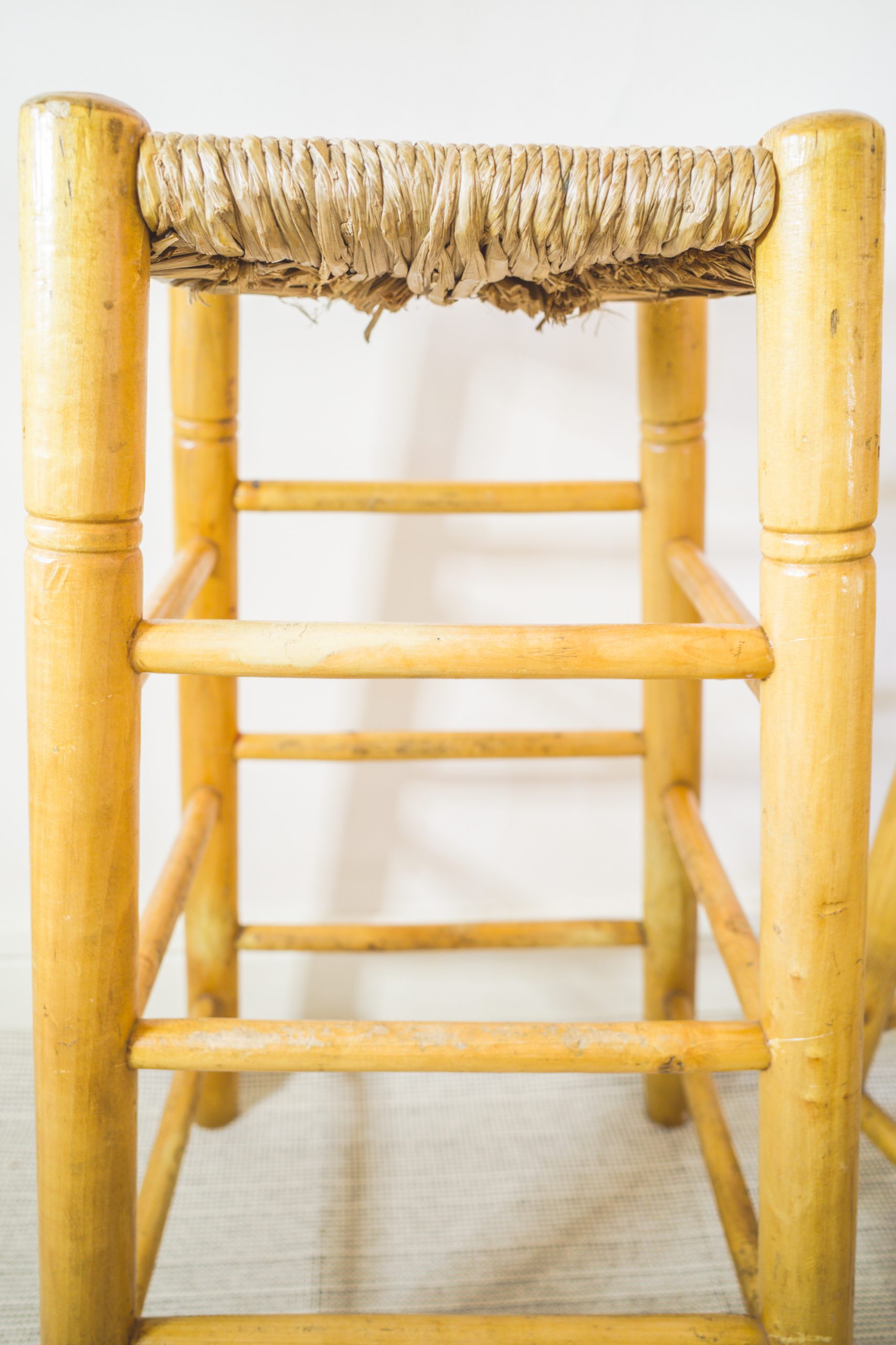 Mid Century Pair of Rattan Wooden Bar Stools