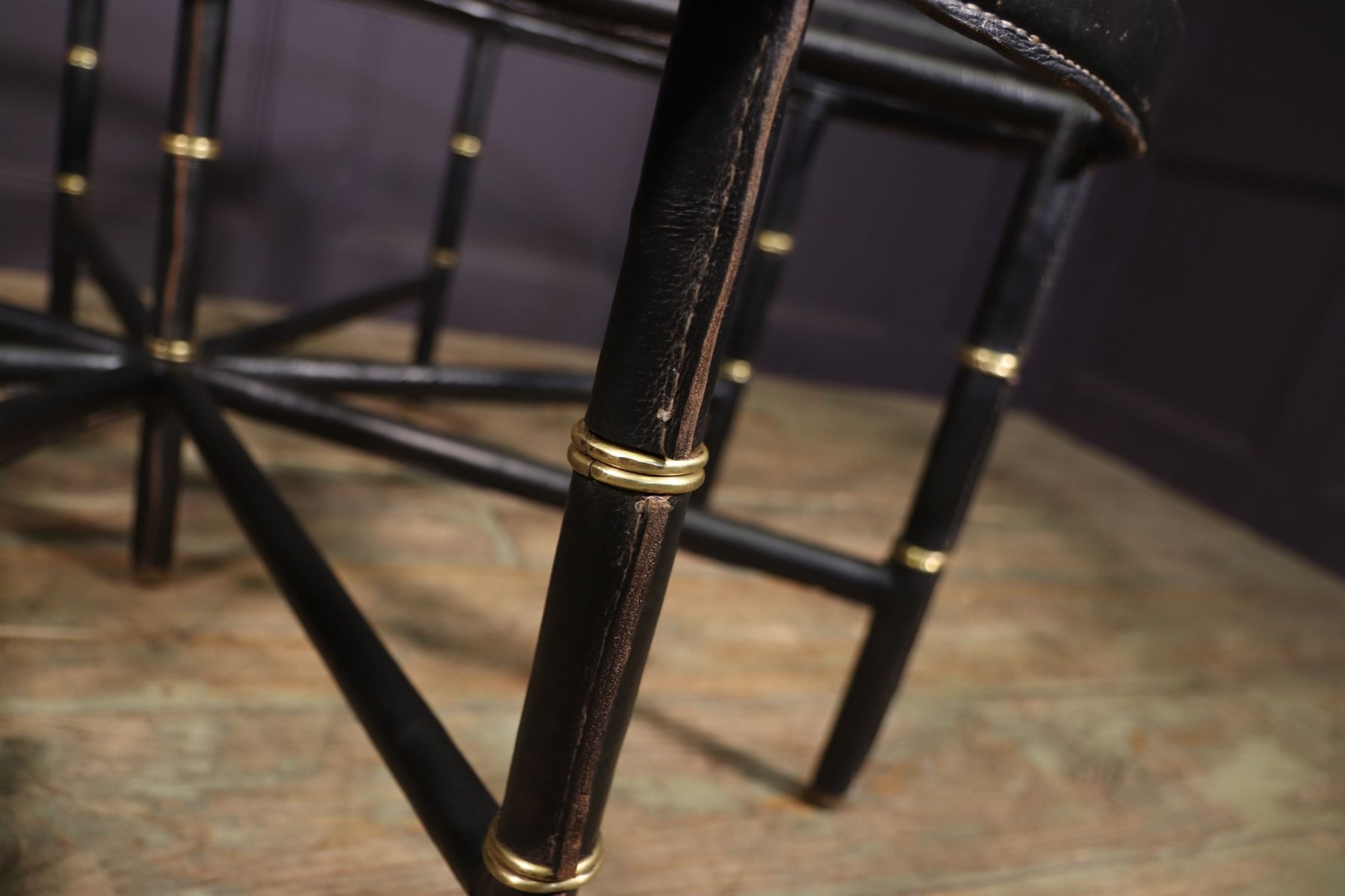 Stitched Leather And Brass Table By Jacques Adnet