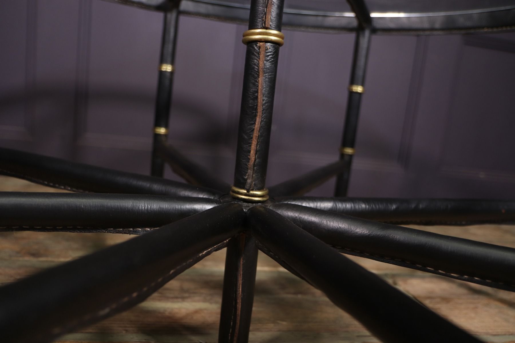 Stitched Leather And Brass Table By Jacques Adnet