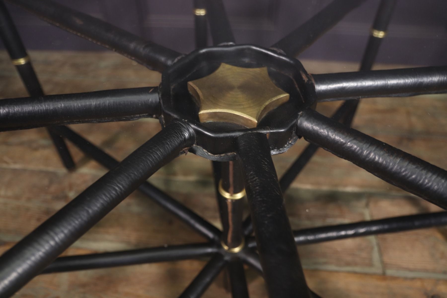Stitched Leather And Brass Table By Jacques Adnet