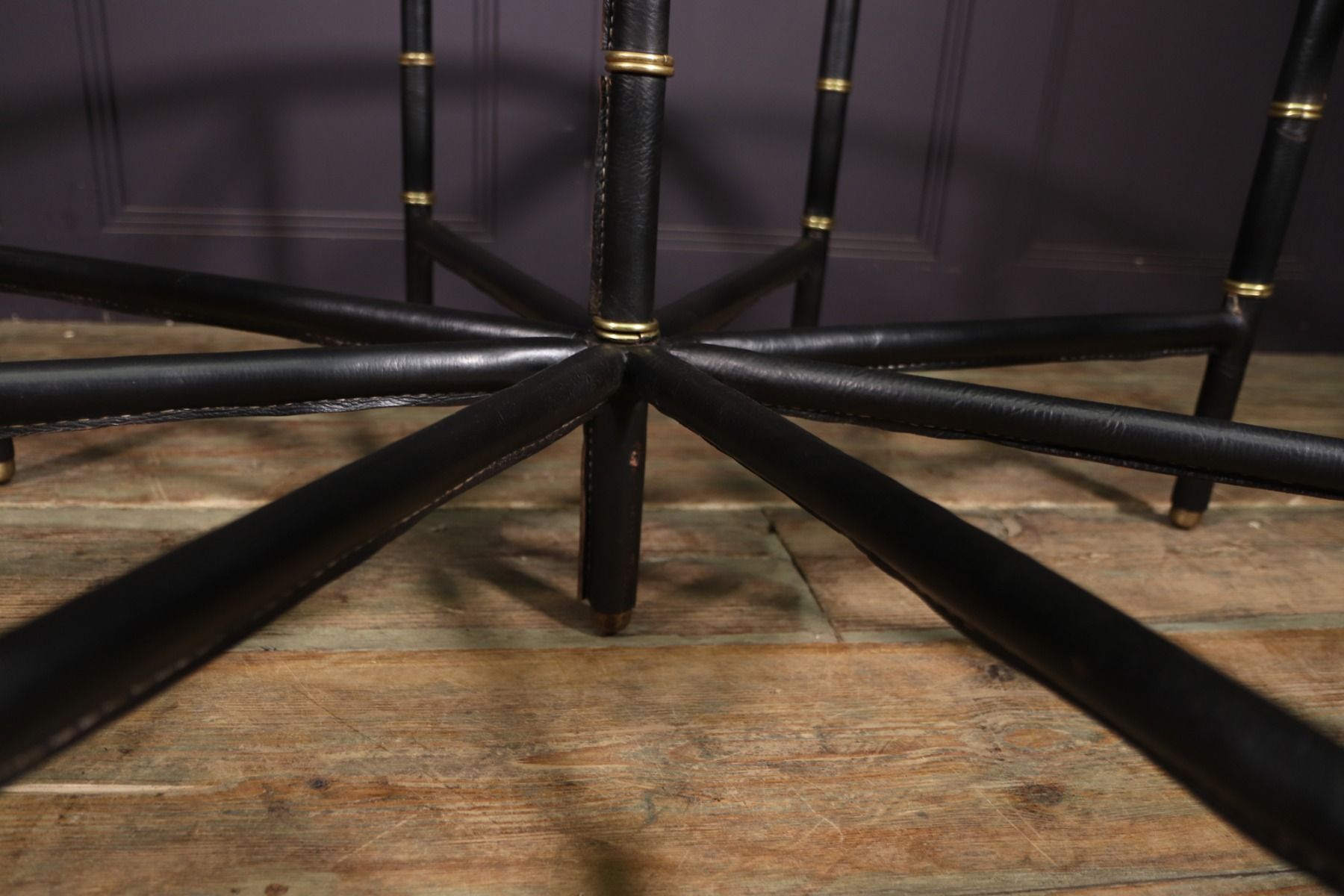 Stitched Leather And Brass Table By Jacques Adnet