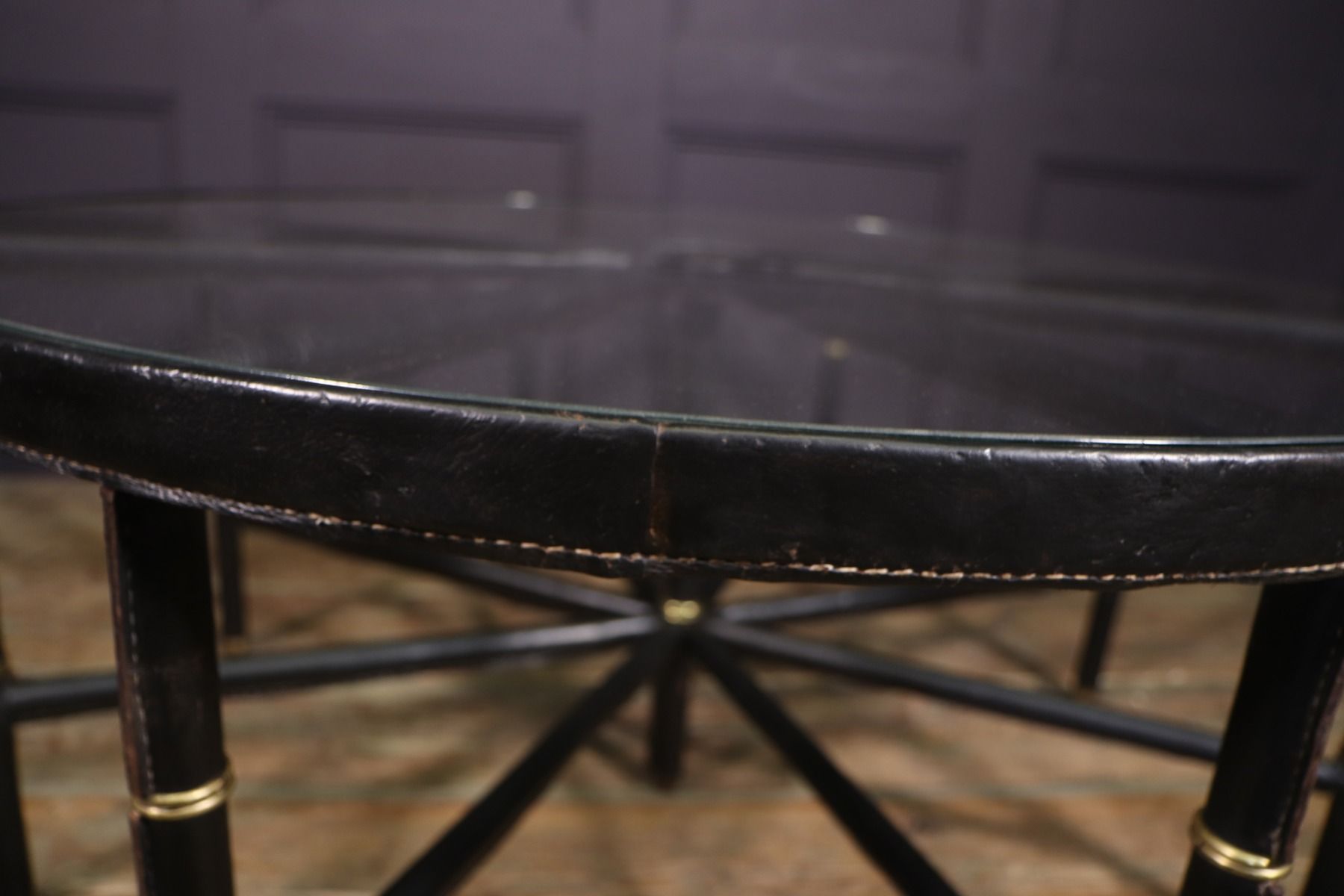 Stitched Leather And Brass Table By Jacques Adnet