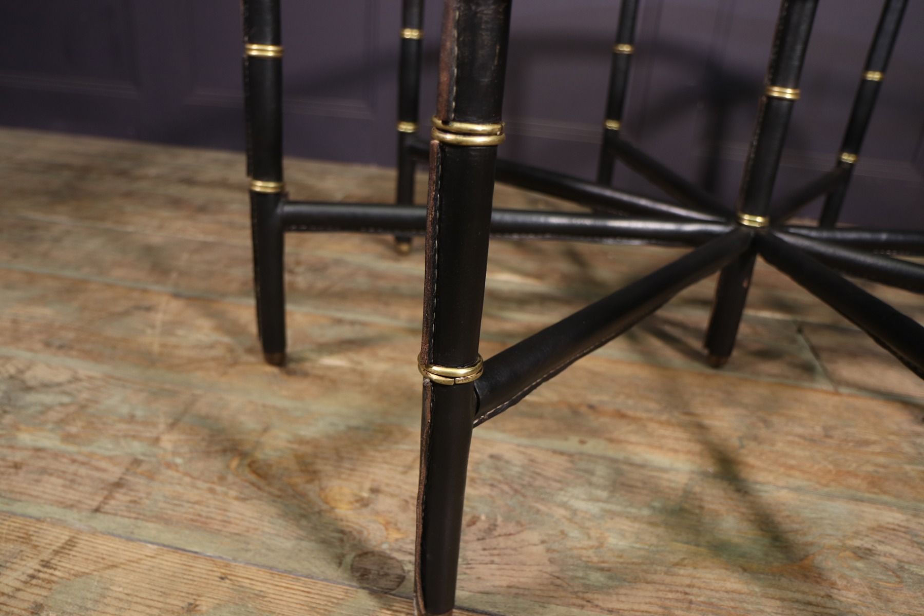 Stitched Leather And Brass Table By Jacques Adnet