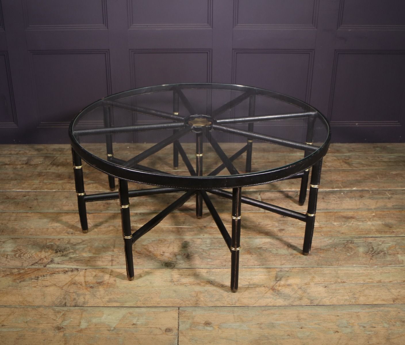 Stitched Leather And Brass Table By Jacques Adnet
