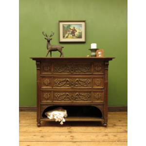Antique Carved German Linen Chest Of Drawers With Fall Fronts, S.Kronthal & Sons