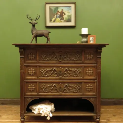 Antique Carved German Linen Chest Of Drawers With Fall Fronts, S.Kronthal & Sons