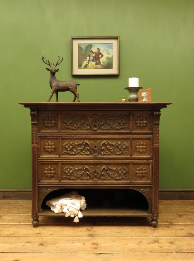 Antique Carved German Linen Chest Of Drawers With Fall Fronts, S.Kronthal & Sons
