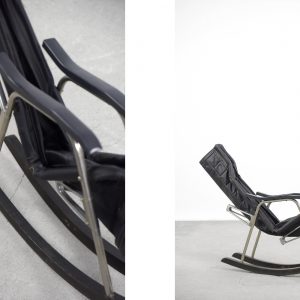 Vintage Mid-Century Postmodern Minimalist Black Leather Rocking Chair by Takeshi Nii, 1950s