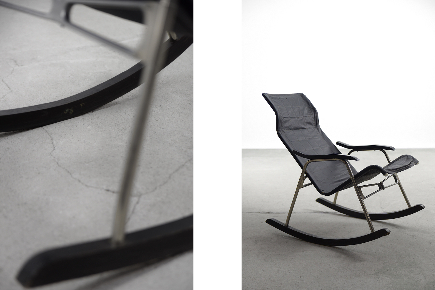 Vintage Mid-Century Postmodern Minimalist Black Leather Rocking Chair by Takeshi Nii, 1950s