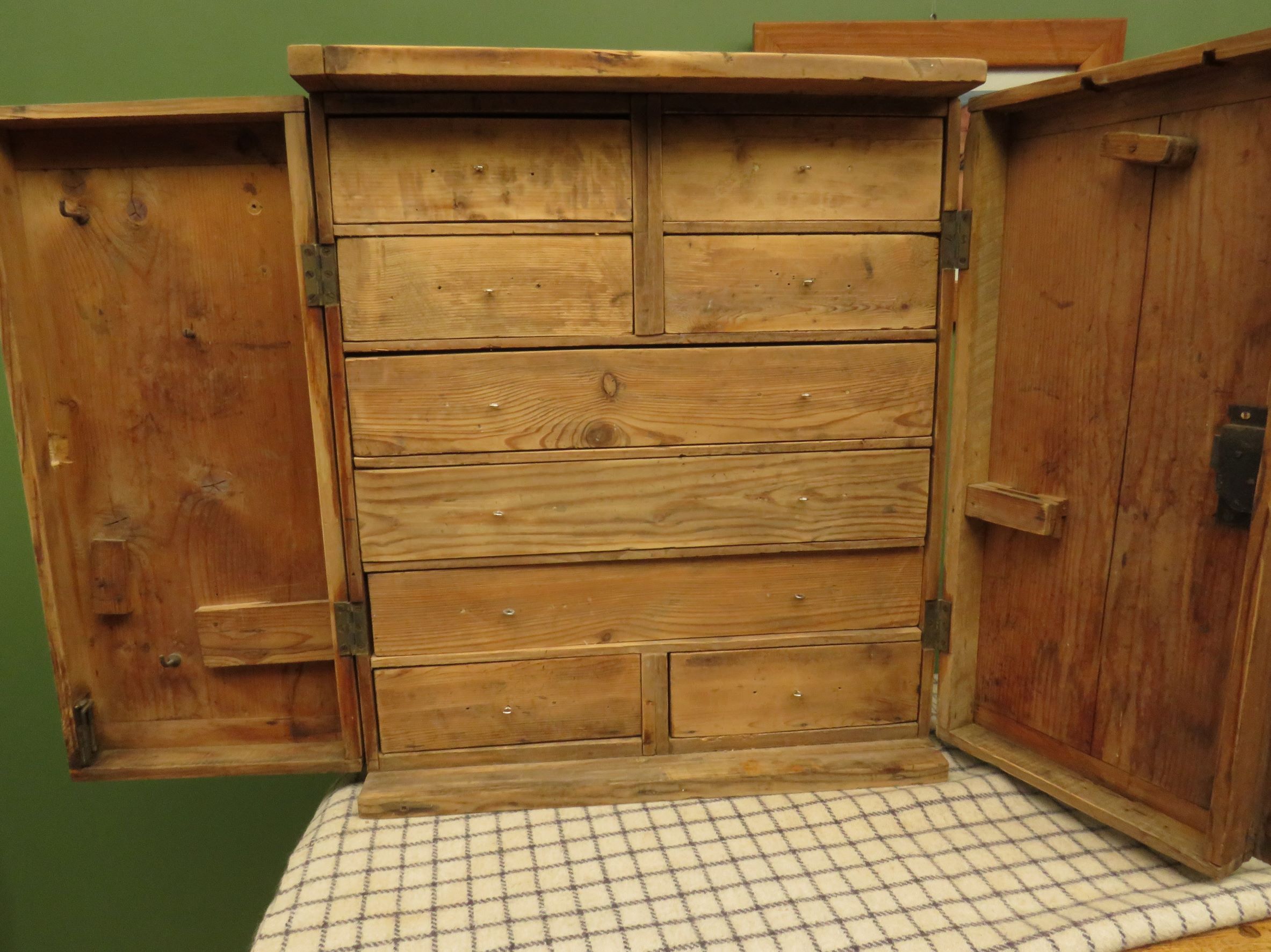 Antique Pine Scratch Built Carpenters Cabinet With Internal Drawers, Lockable