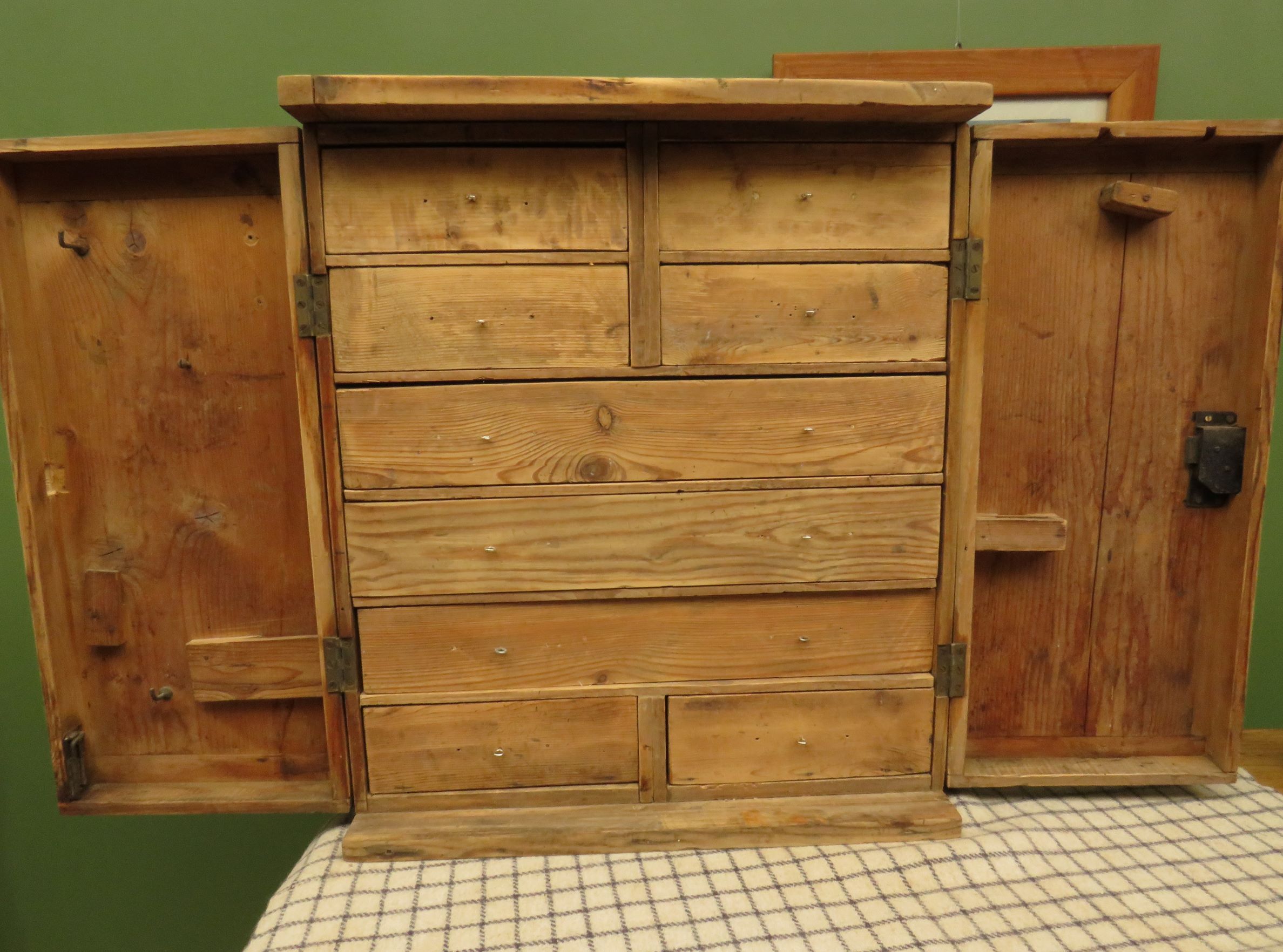Antique Pine Scratch Built Carpenters Cabinet With Internal Drawers, Lockable