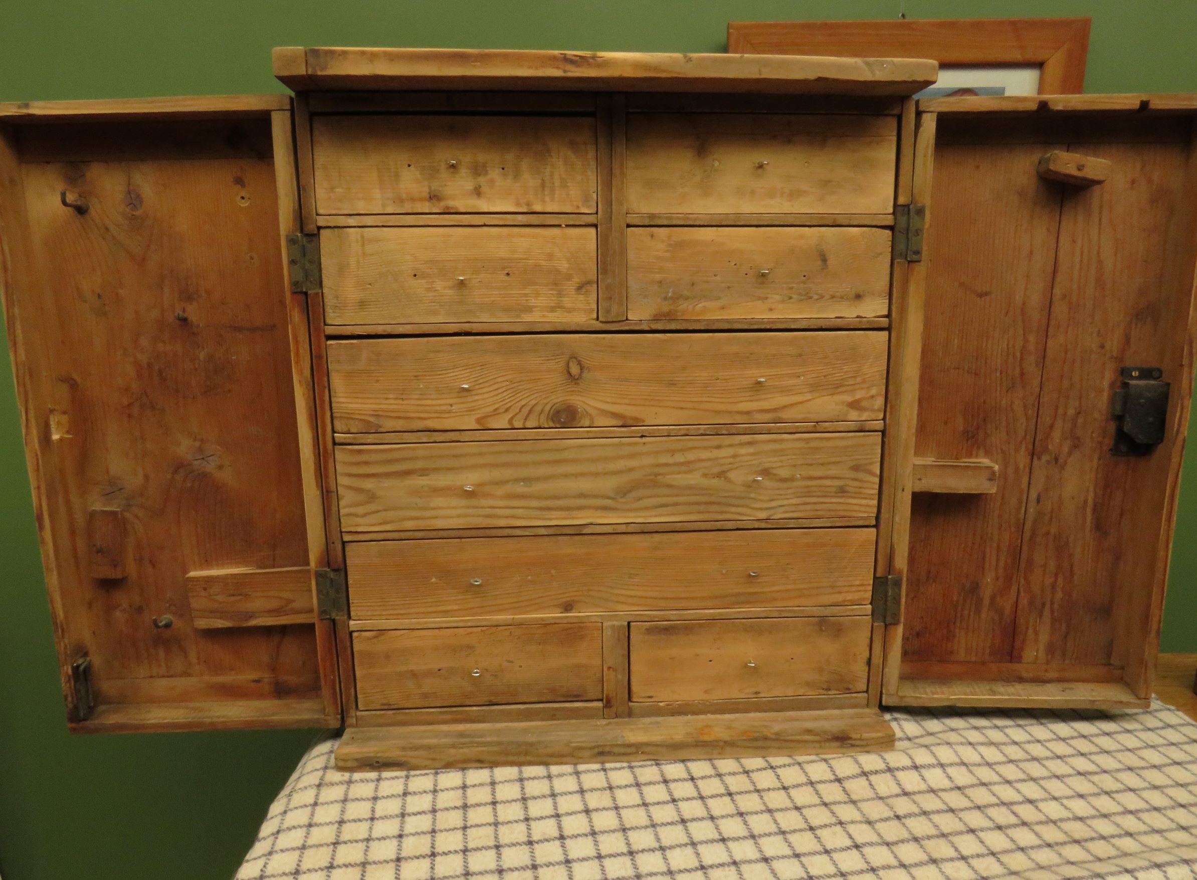 Antique Pine Scratch Built Carpenters Cabinet With Internal Drawers, Lockable