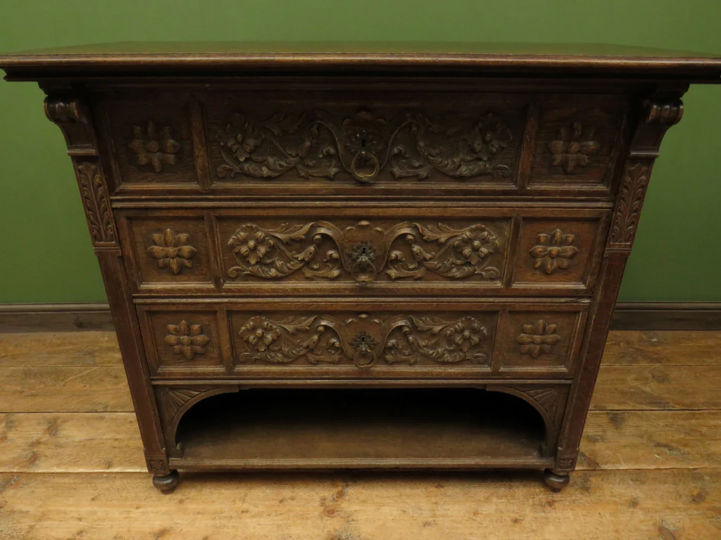 Antique Carved German Linen Chest Of Drawers With Fall Fronts, S.Kronthal & Sons