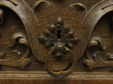 Antique Carved German Linen Chest Of Drawers With Fall Fronts, S.Kronthal & Sons