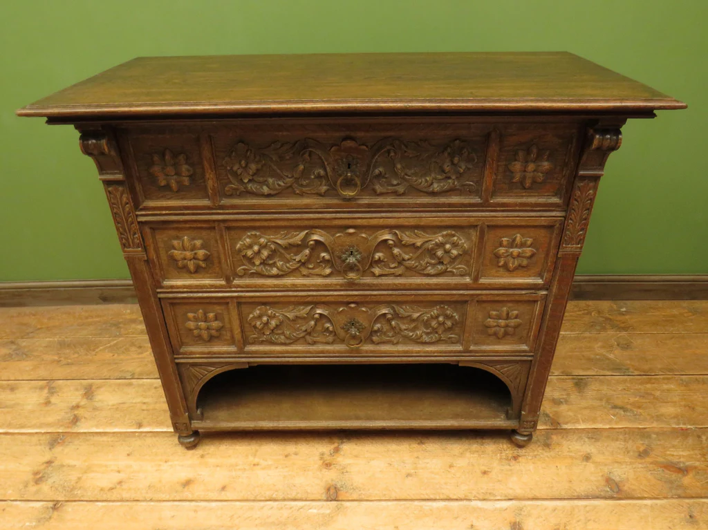 Antique Carved German Linen Chest Of Drawers With Fall Fronts, S.Kronthal & Sons