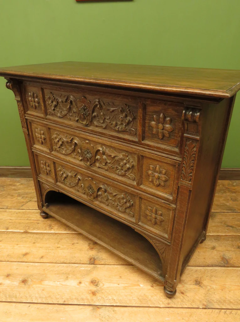 Antique Carved German Linen Chest Of Drawers With Fall Fronts, S.Kronthal & Sons
