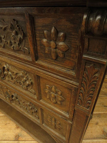 Antique Carved German Linen Chest Of Drawers With Fall Fronts, S.Kronthal & Sons