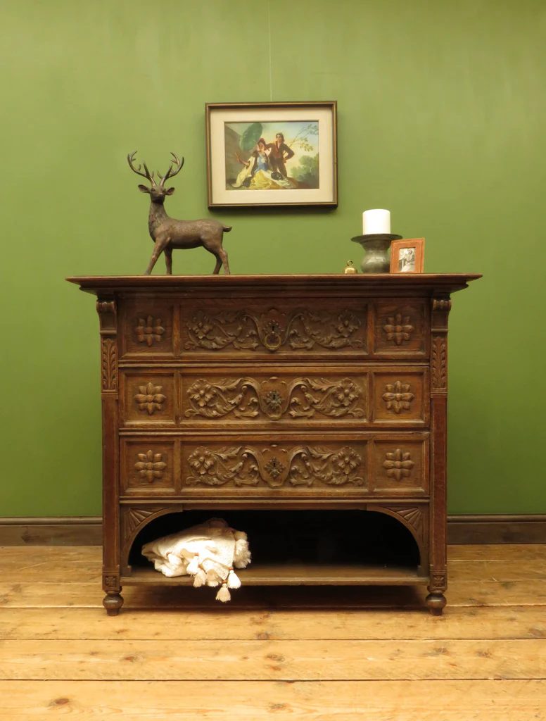 Antique Carved German Linen Chest Of Drawers With Fall Fronts, S.Kronthal & Sons