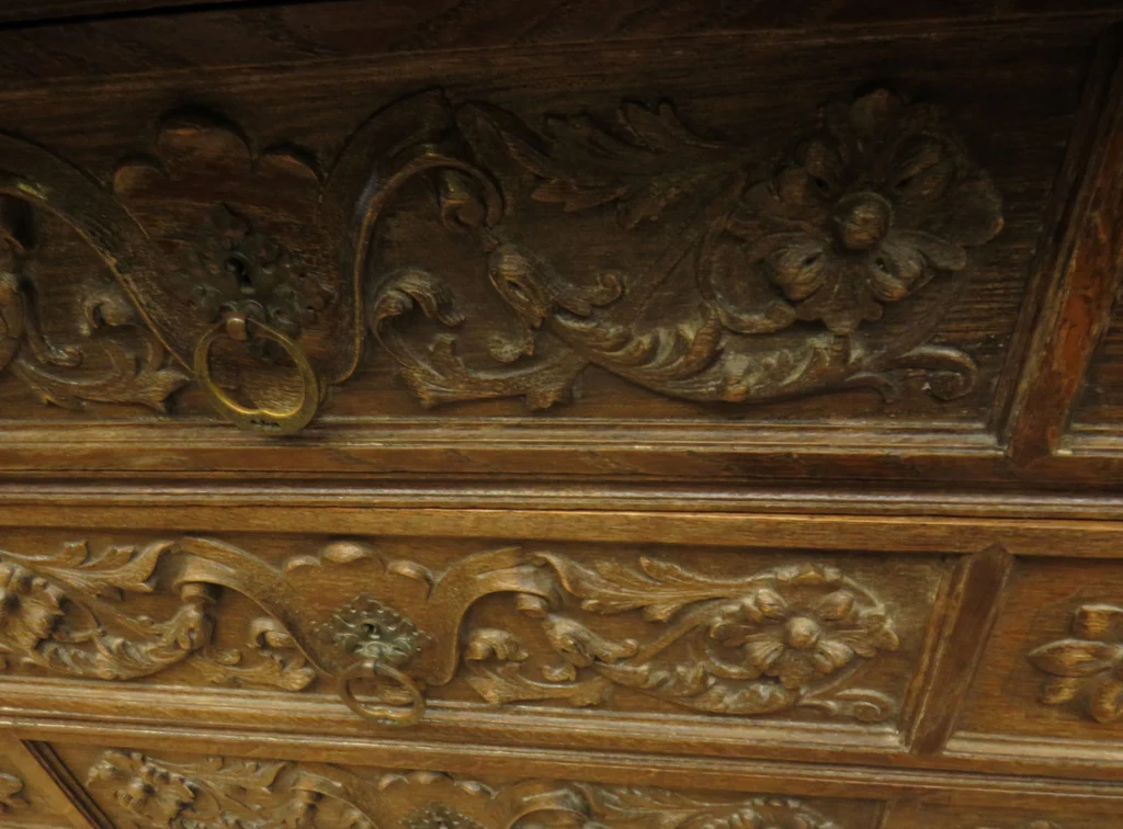 Antique Carved German Linen Chest Of Drawers With Fall Fronts, S.Kronthal & Sons
