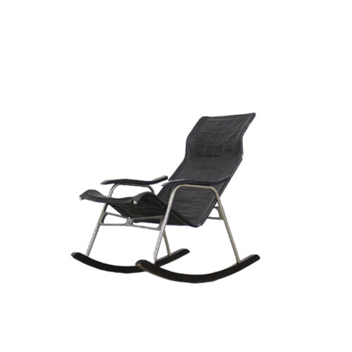 Vintage Mid-Century Postmodern Minimalist Black Leather Rocking Chair by Takeshi Nii, 1950s