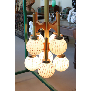 Italian Glass Wood and Brass Chandelier by Sciolari for Mazzega, 1970s