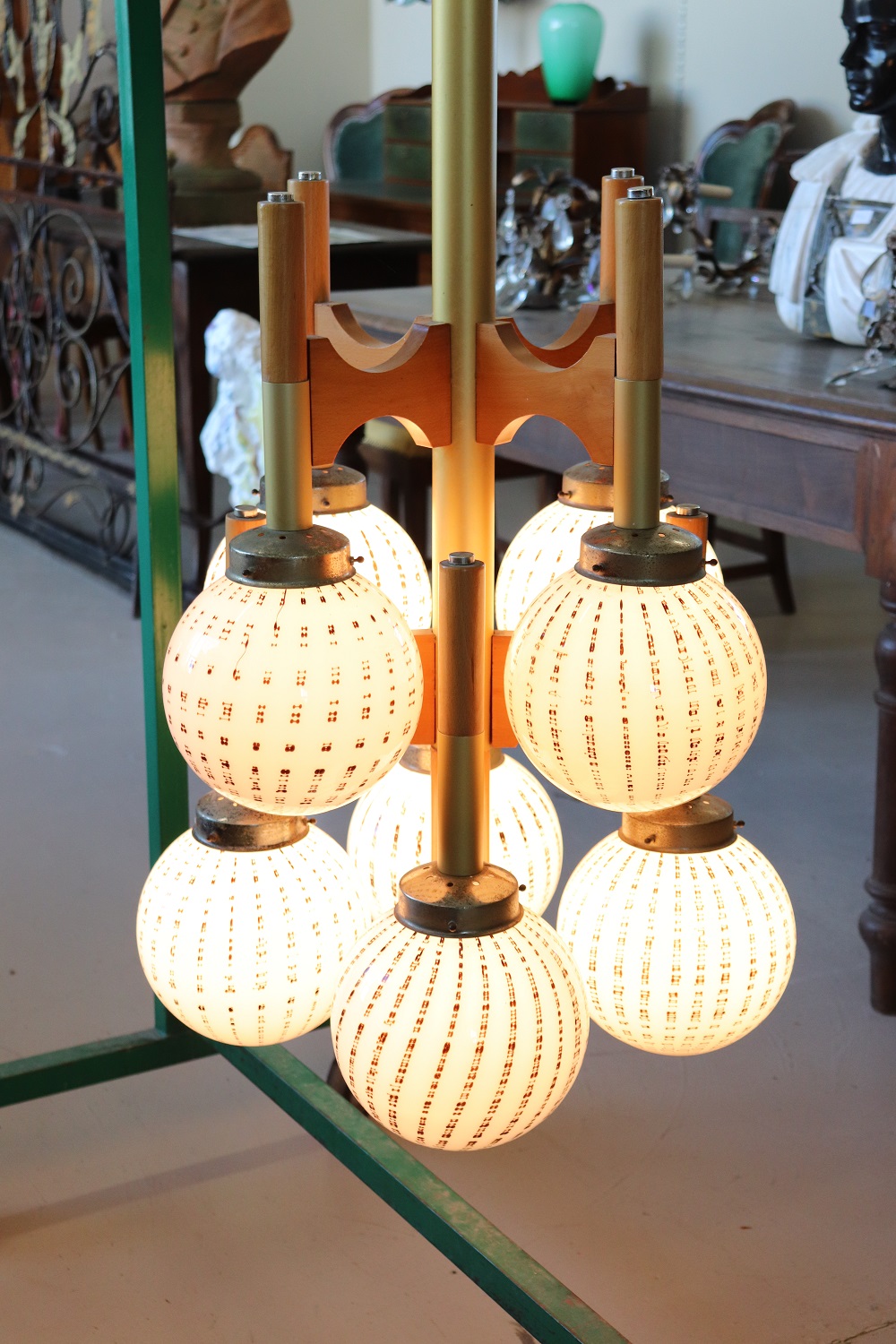 Italian Glass Wood and Brass Chandelier by Sciolari for Mazzega, 1970s