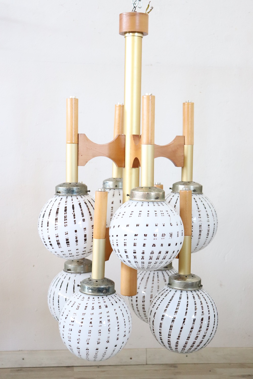 Italian Glass Wood and Brass Chandelier by Sciolari for Mazzega, 1970s