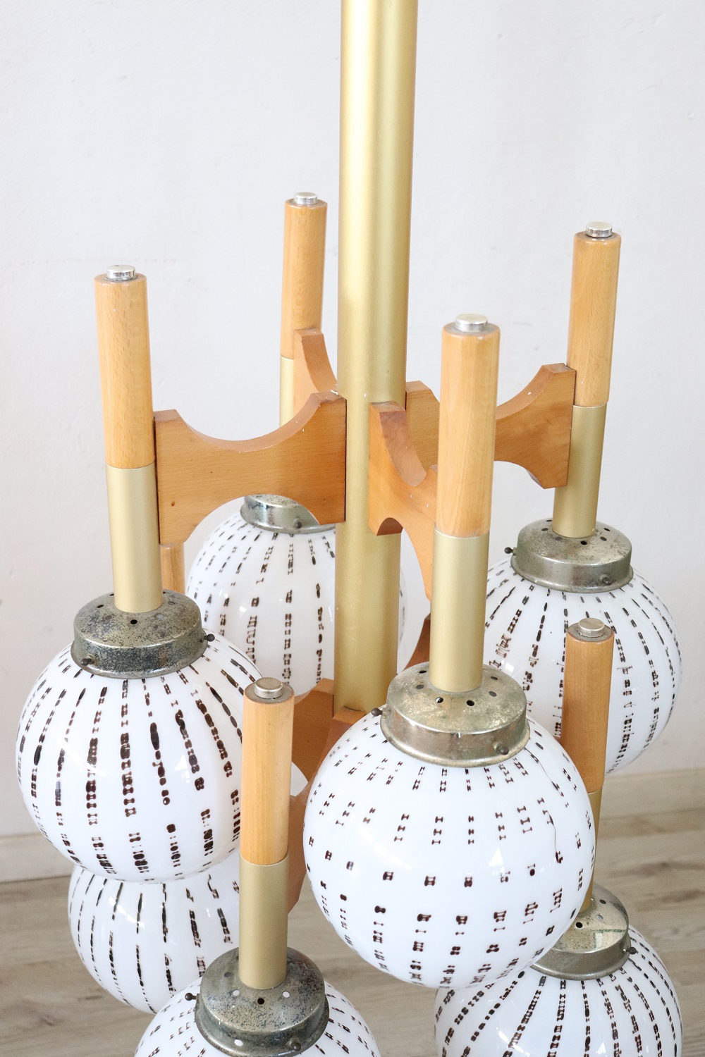 Italian Glass Wood and Brass Chandelier by Sciolari for Mazzega, 1970s