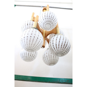 Italian Glass Wood and Brass Chandelier by Sciolari for Mazzega, 1970s