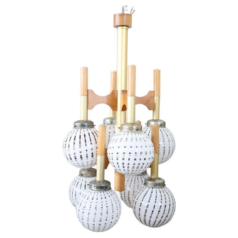 Italian Glass Wood and Brass Chandelier by Sciolari for Mazzega, 1970s