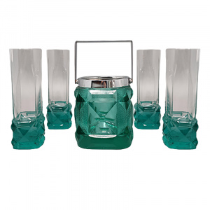 1970s Green Ice Bucket with 4 Glasses In Crystal by Lacs. Made in Italy