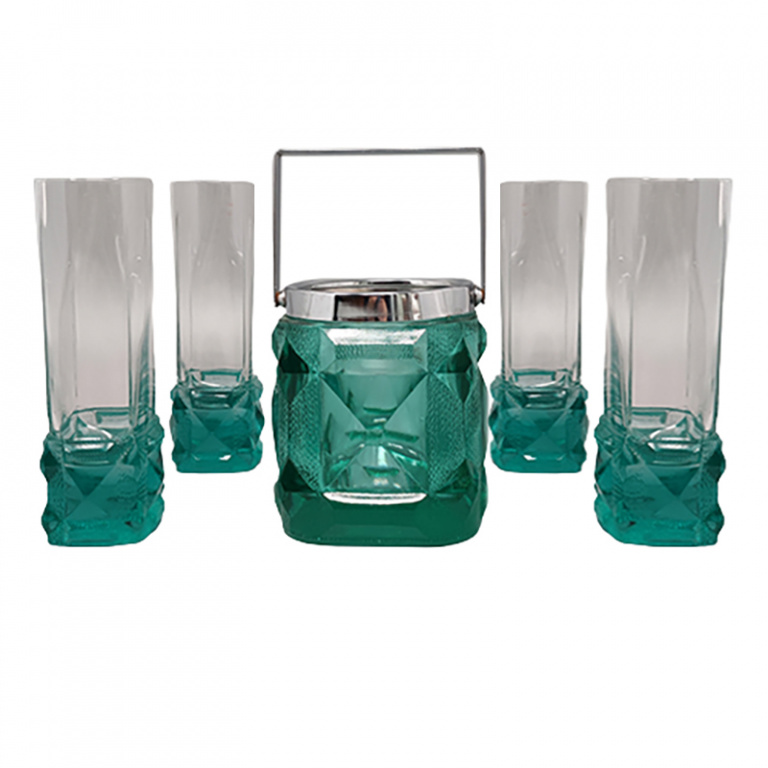 1970s Green Ice Bucket with 4 Glasses In Crystal by Lacs. Made in Italy
