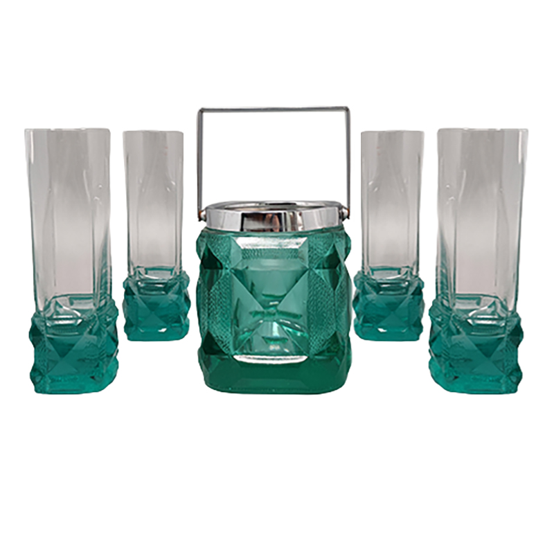 1970s Green Ice Bucket with 4 Glasses In Crystal by Lacs. Made in Italy