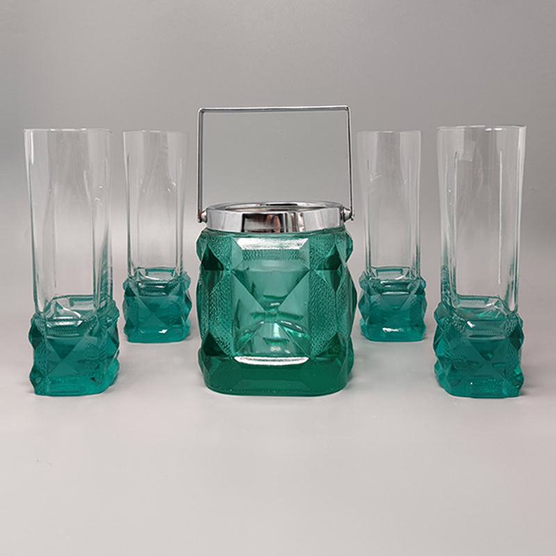 1970s Green Ice Bucket with 4 Glasses In Crystal by Lacs. Made in Italy