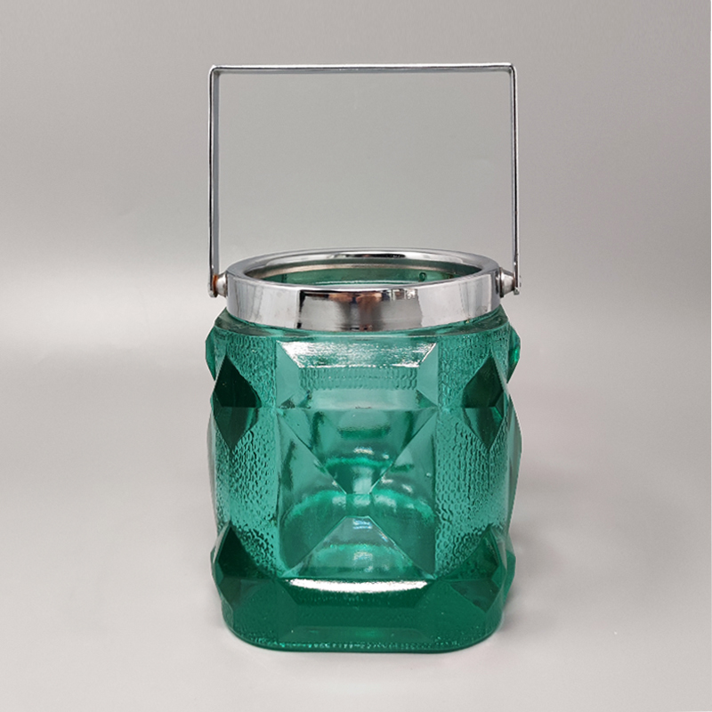 1970s Green Ice Bucket with 4 Glasses In Crystal by Lacs. Made in Italy