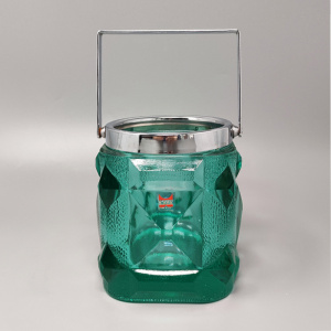 1970s Green Ice Bucket with 4 Glasses In Crystal by Lacs. Made in Italy