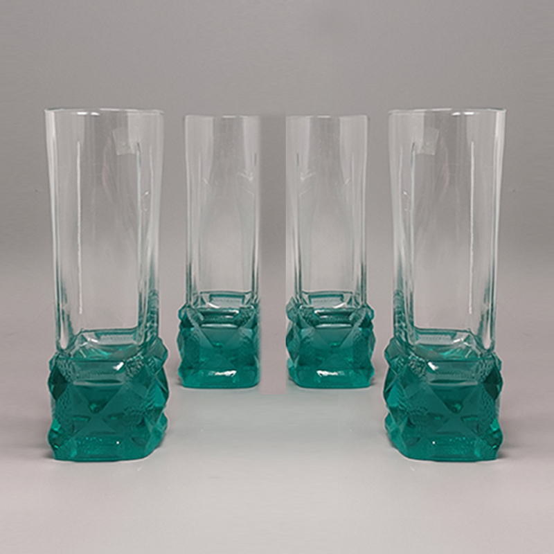 1970s Green Ice Bucket with 4 Glasses In Crystal by Lacs. Made in Italy