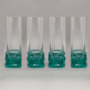 1970s Green Ice Bucket with 4 Glasses In Crystal by Lacs. Made in Italy